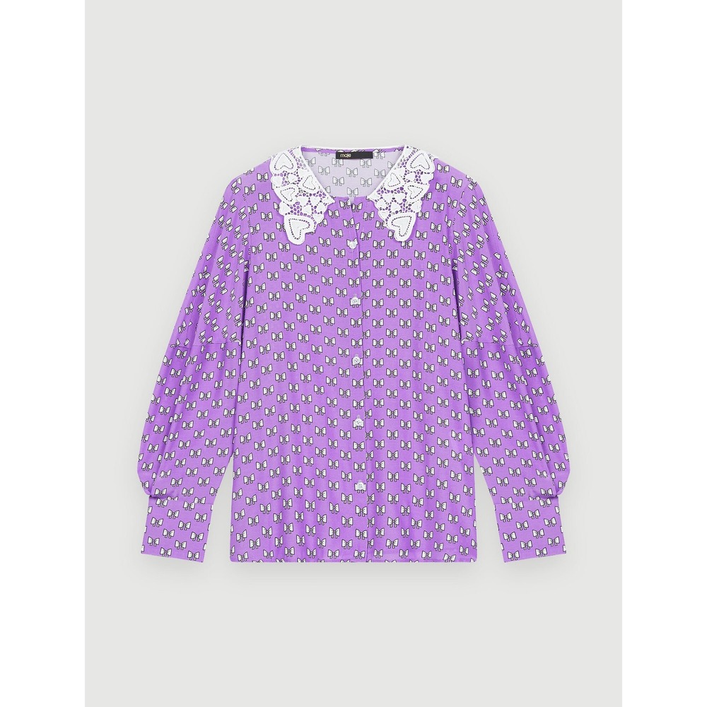 Maje Paris Purple Bow Print Blouse Crochet Heart Lace Collar Size 1 Small French